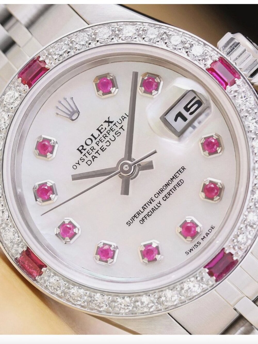 Rolex Ladies Datejust Pink Rubies 18k Gold Watch